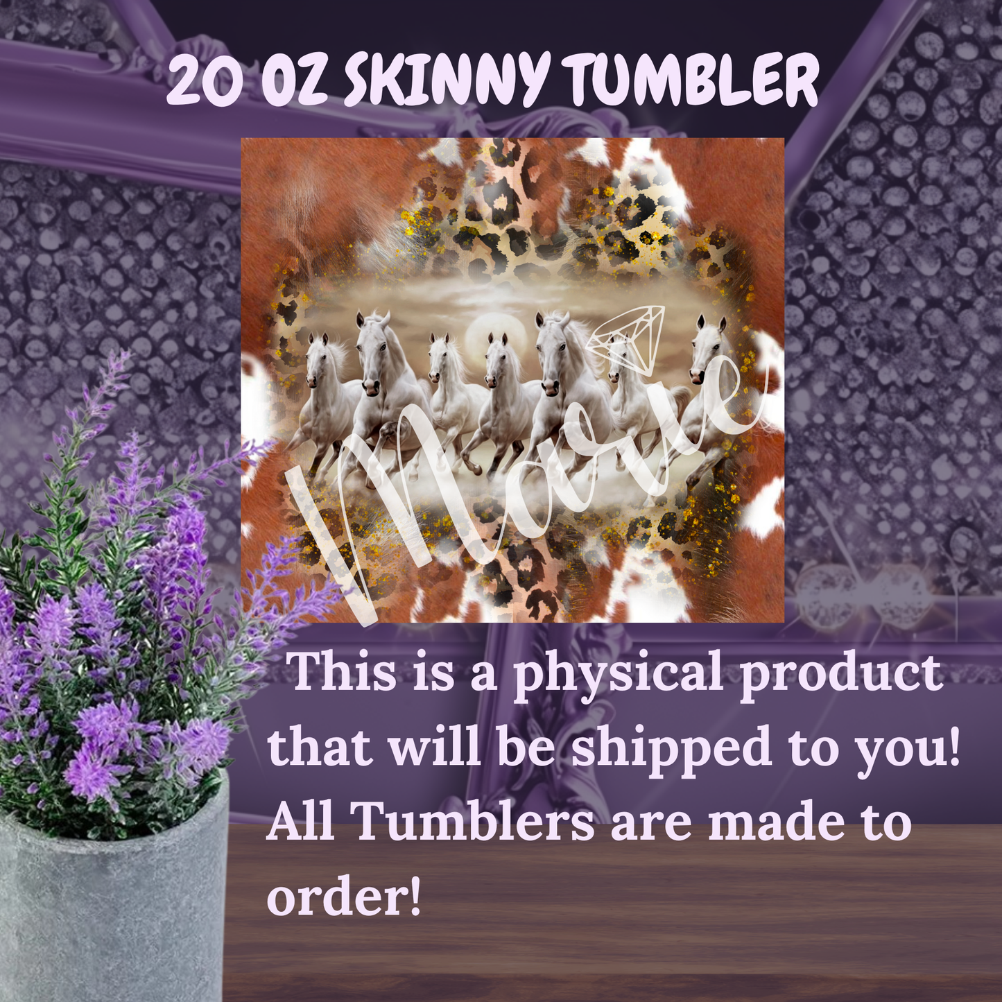 Horse Tumbler 20 oz – Western Cow Print & Leopard Skinny Cup with Running White Horses, Cowgirl Rodeo Coffee Tumbler