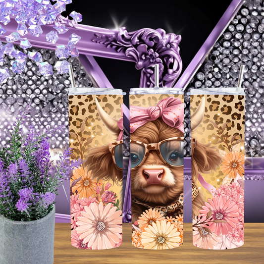 Highland Cow Tumbler 20 oz – Floral Leopard Cow Cup, Country Girl Gift, Cute Farm Cow Skinny Tumbler, Western Boho Cow Cup