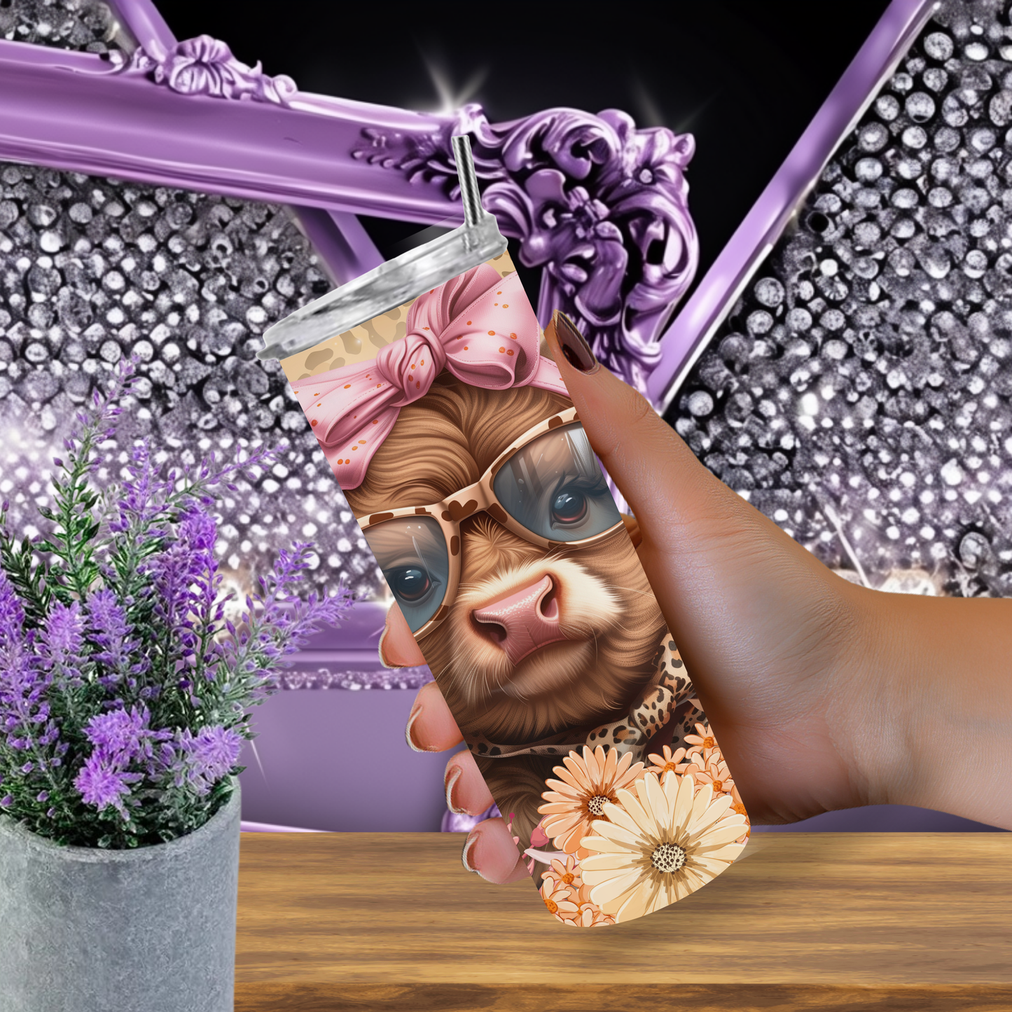 Highland Cow Tumbler 20 oz – Floral Leopard Cow Cup, Country Girl Gift, Cute Farm Cow Skinny Tumbler, Western Boho Cow Cup