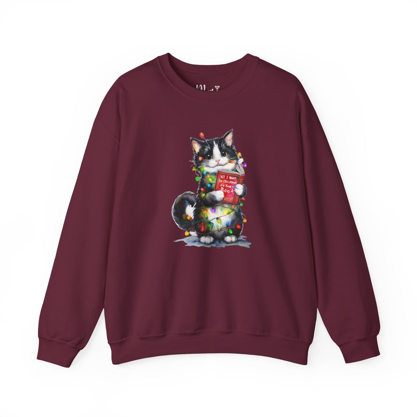 All I Want for Christmas Is a New Book Cat Crewneck Sweatshirt, Bookworm Holiday Sweater, Cat Lover Gift, Funny Christmas Sweater