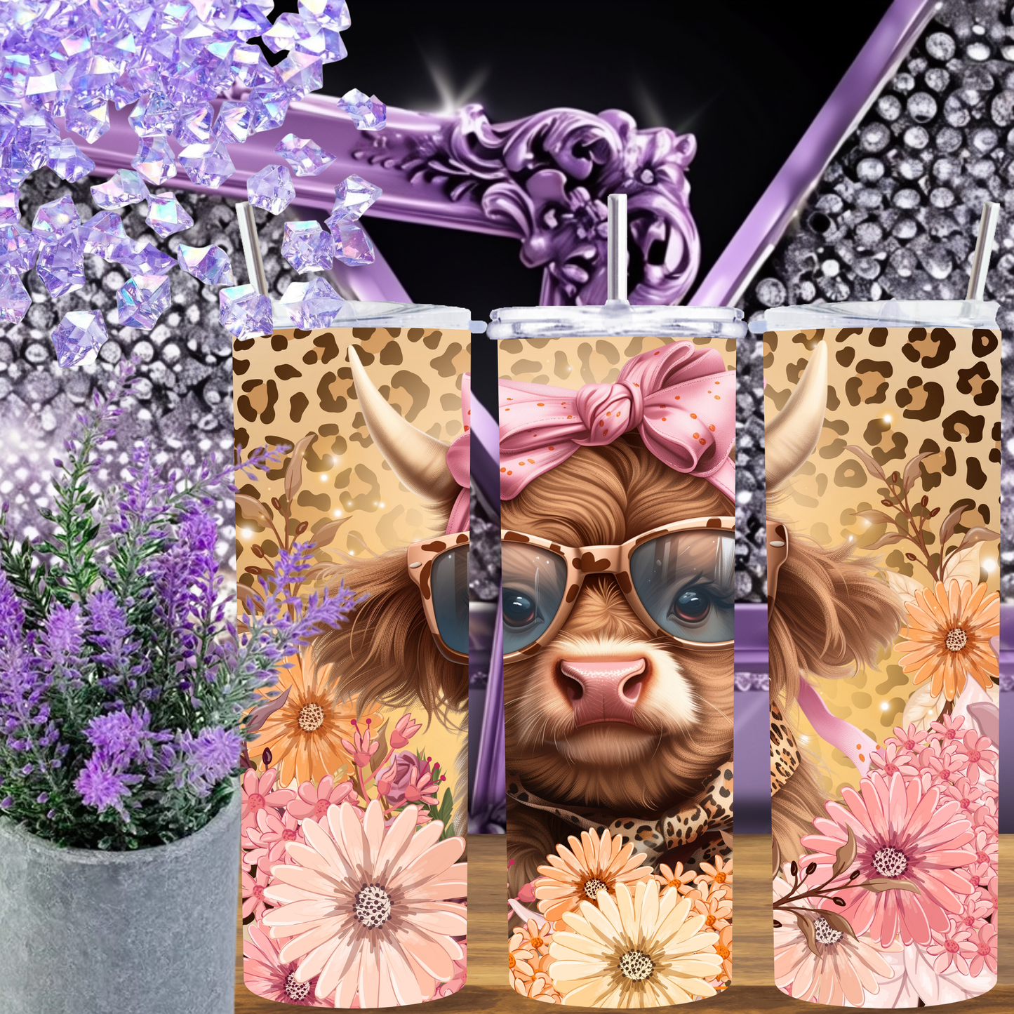 Highland Cow Tumbler 20 oz – Floral Leopard Cow Cup, Country Girl Gift, Cute Farm Cow Skinny Tumbler, Western Boho Cow Cup