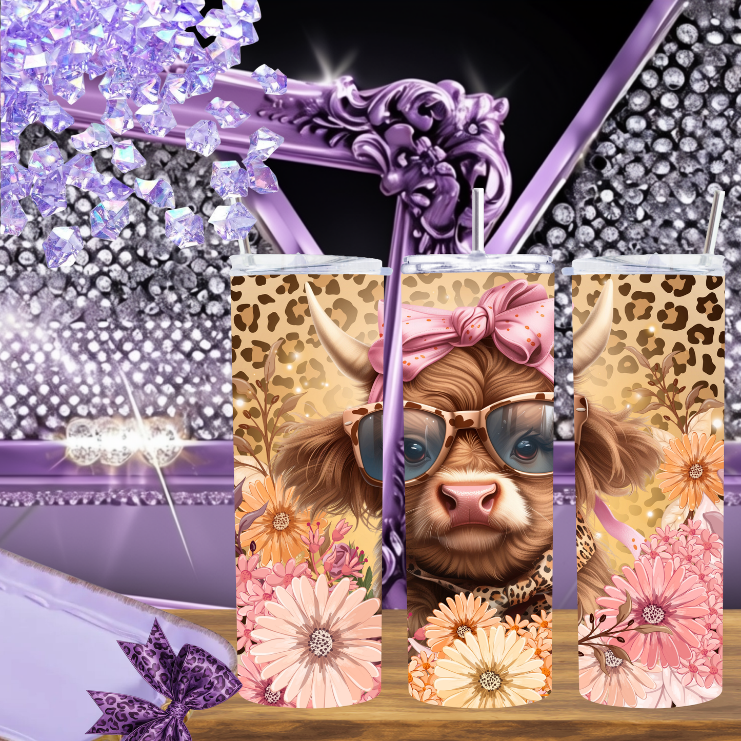 Highland Cow Tumbler 20 oz – Floral Leopard Cow Cup, Country Girl Gift, Cute Farm Cow Skinny Tumbler, Western Boho Cow Cup