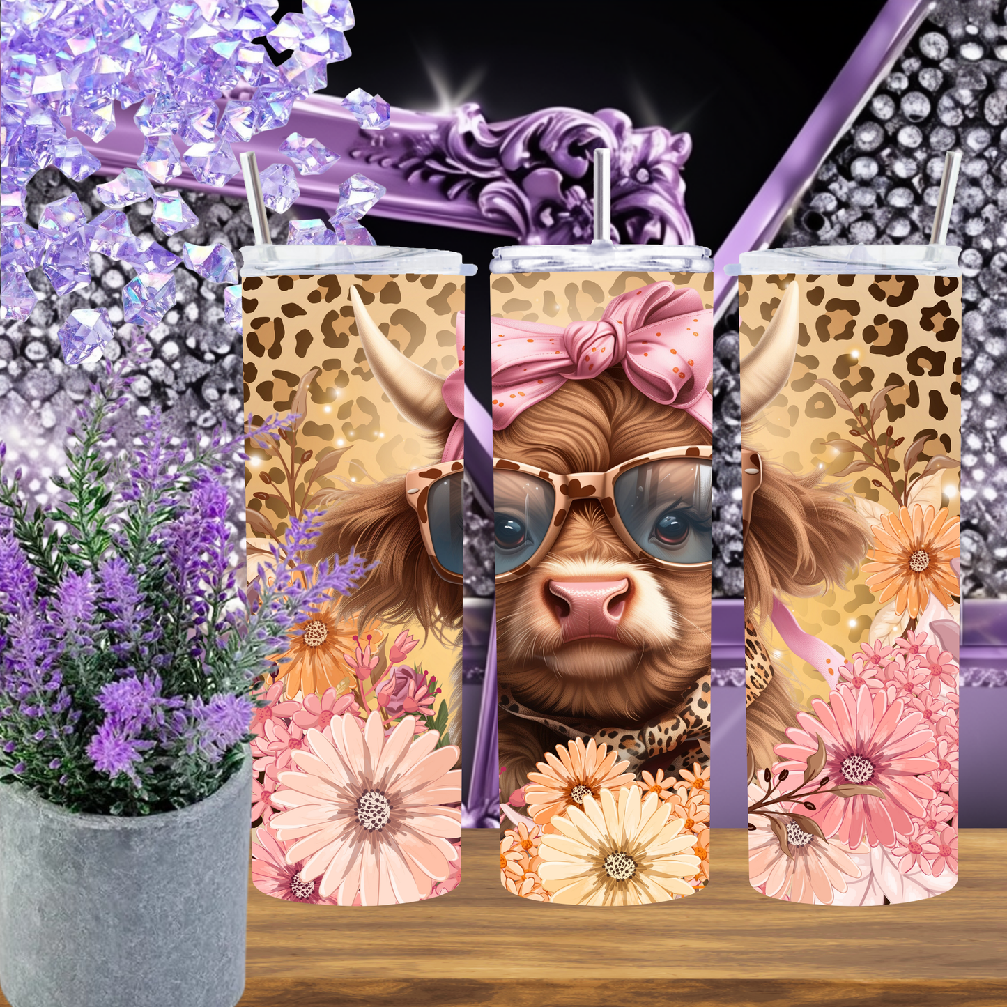 Highland Cow Tumbler 20 oz – Floral Leopard Cow Cup, Country Girl Gift, Cute Farm Cow Skinny Tumbler, Western Boho Cow Cup