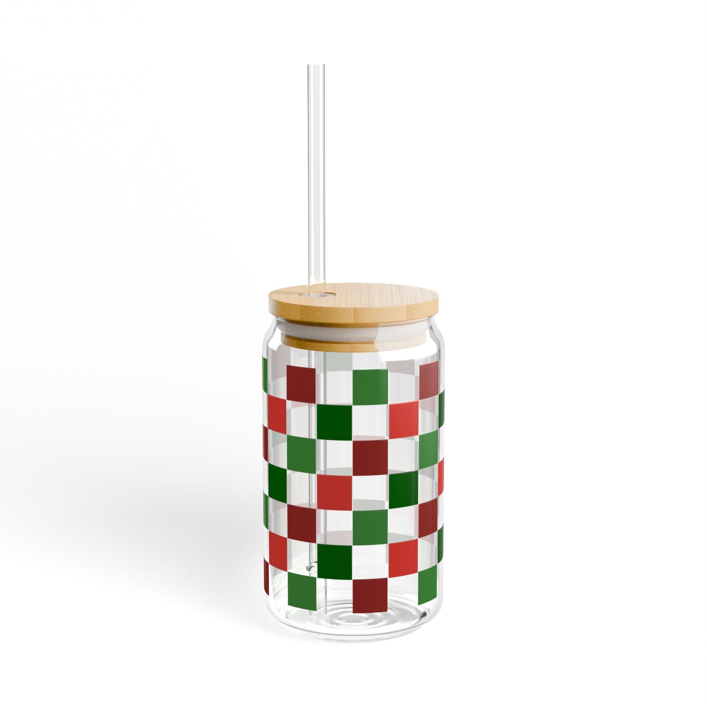 Christmas Plaid Libbey Glass Can Cup 16oz – Red Green Black Holiday Tumbler with Lid & Straw, Cozy Iced Coffee Gift Idea