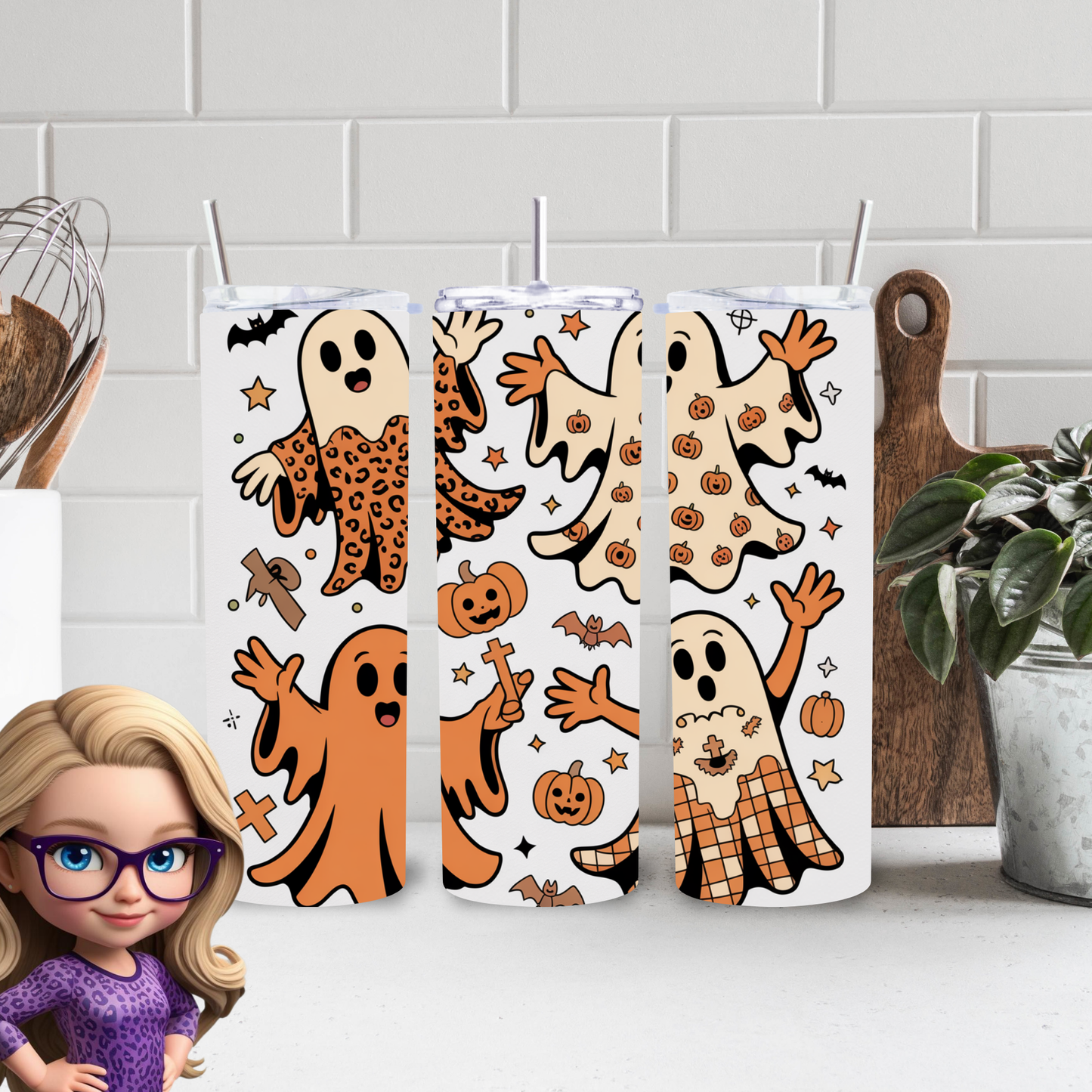 Retro Halloween Ghosts 20oz Skinny Tumbler, Spooky Season Drinkware, Cute Pumpkin Ghost Physical Tumbler, Made to Order Gift