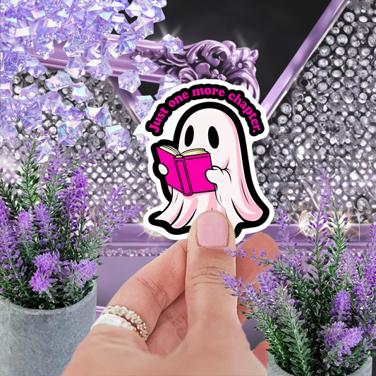 Just One More Chapter" Ghost Sticker - Book Lover's Cute Decal for Laptops & Journals