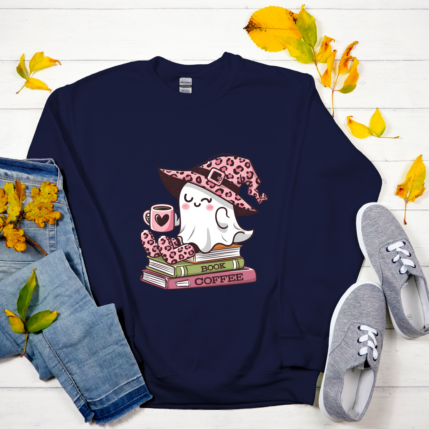 Spooky Ghost Reading Sweatshirt, Cute Halloween Coffee Jumper, Book Lover Halloween Sweater, Ghost with a Book Sweatshirt, Vintage Halloween