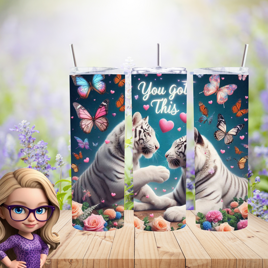 White Tiger Love Tumbler – Insulated 20oz Skinny Cup with Butterflies & Flowers for Daily Motivation