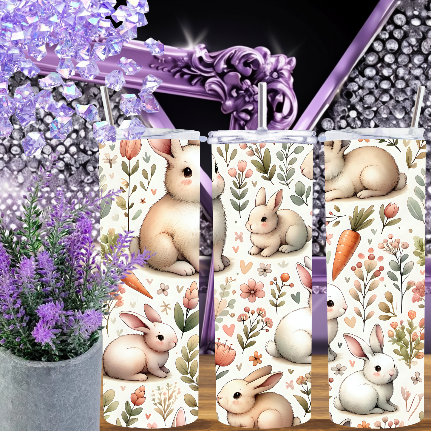 Bunny Tumbler 20 oz – Cute Spring Rabbit Skinny Tumbler with Floral Carrot Design, Insulated Cup with Straw, Easter Gift for Her