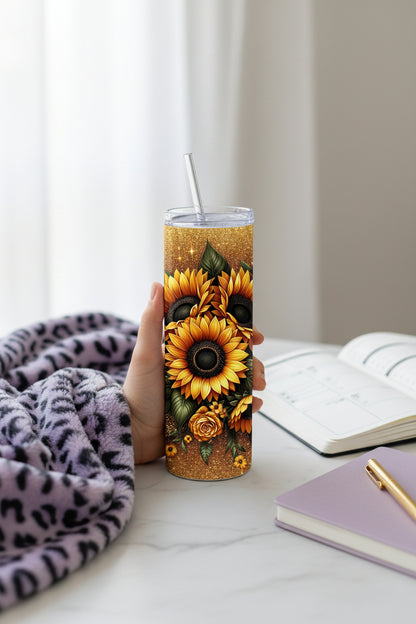Western Leopard Handmade 20 oz Stainless Steel Tumbler showing western leopard 20oz gold tumbler & sunflower cup set artwork with insulated stainless steel tumbler, reusable travel