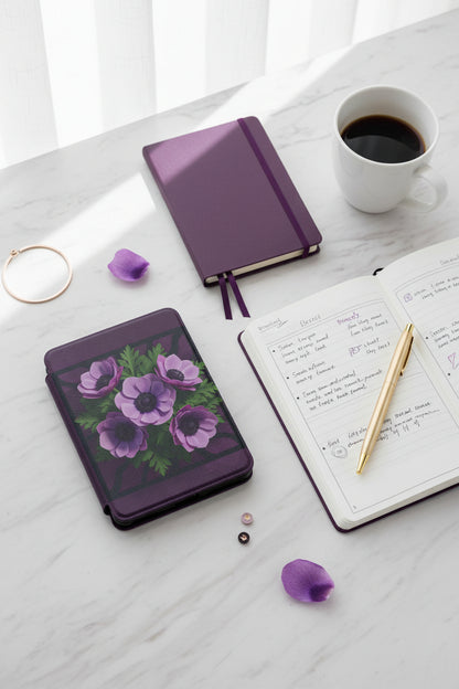 Purple Floral Handmade 7-Inch Kindle Paperwhite Case showing purple floral kindle case artwork with purple floral kindle case, personalized kindle case, kindle paperwhite case
