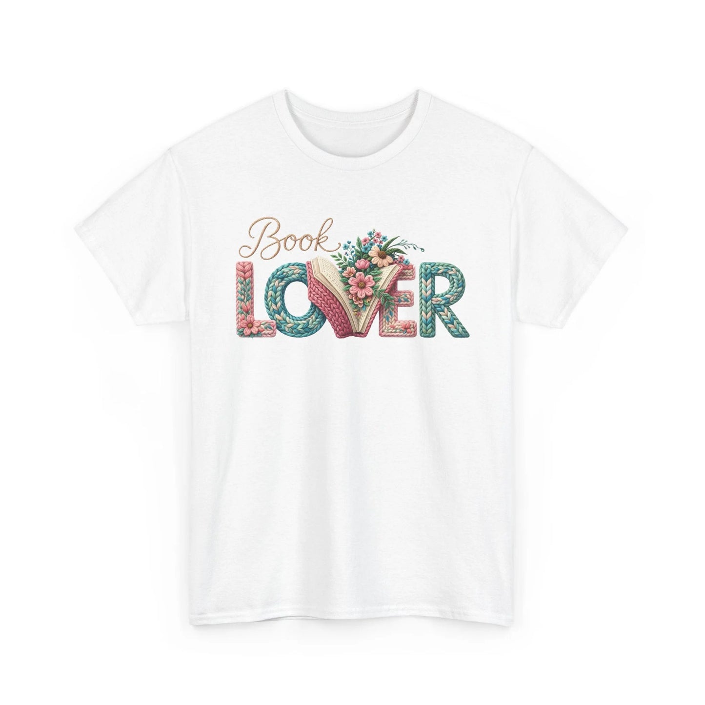 Book Lover T‑Shirt with floral typography and open-book motif on a soft white cotton tee