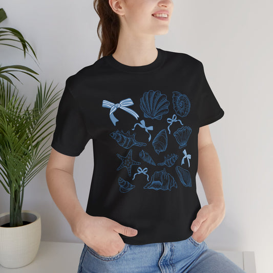 Elegant Seashells with Blue Bows T-Shirt - Coastal Style Graphic Tee for Women - Unique Nautical Fashion