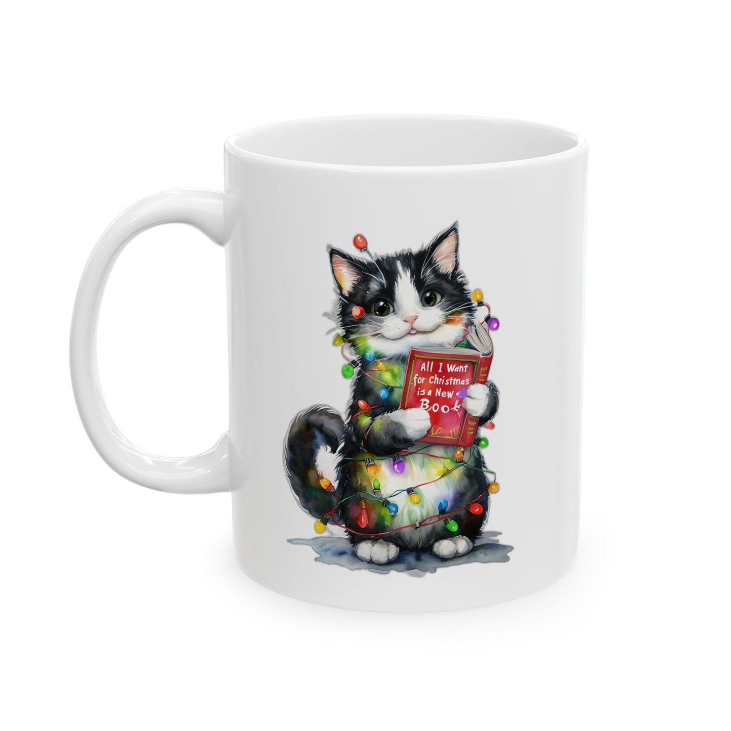All I Want for Christmas Is a New Book Cat Mug, Christmas Cat Lover Mug, Bookworm Holiday Cup, Funny Holiday Gift, Literary Drinkware