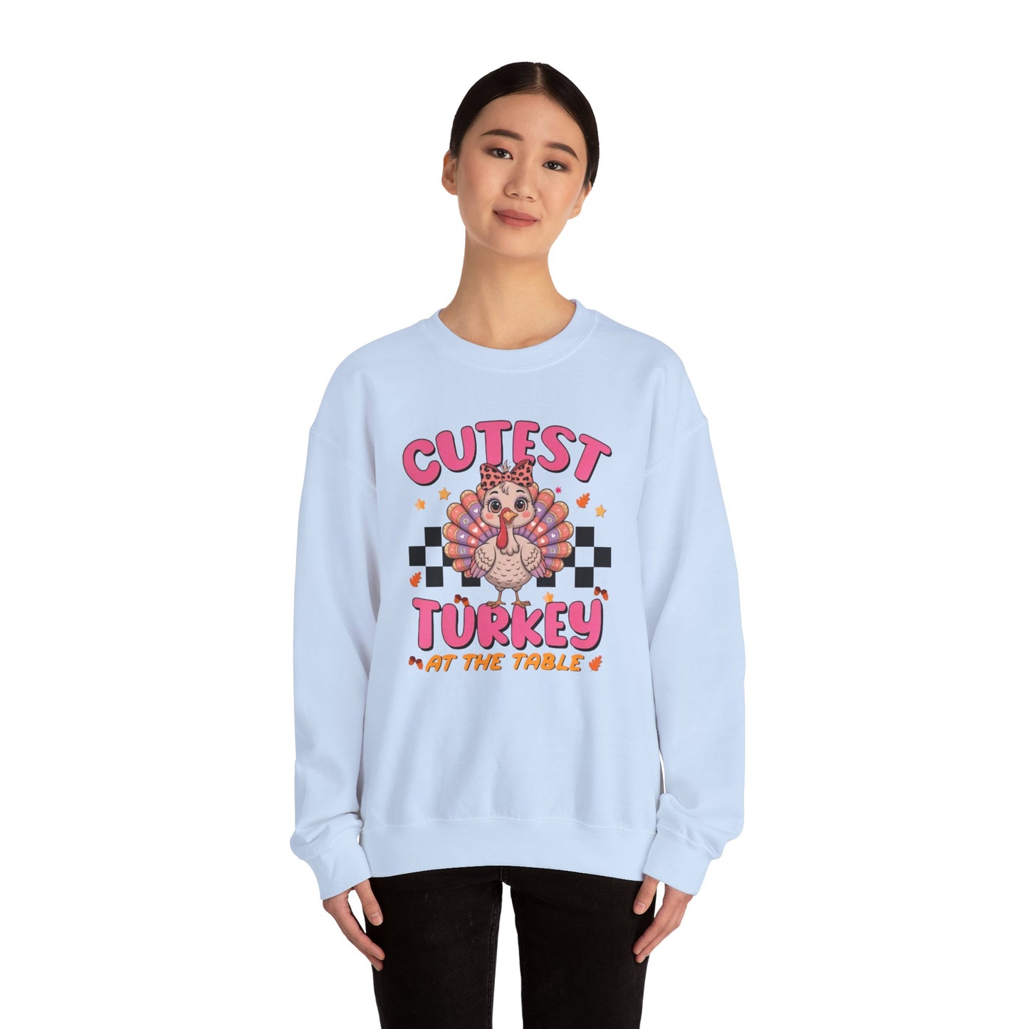 Chic Retro Turkey Thanksgiving Sweatshirt: Cutest At The Table – Cozy Crewneck in Purple, Pink, & More Colors for Holiday Family Gatherings