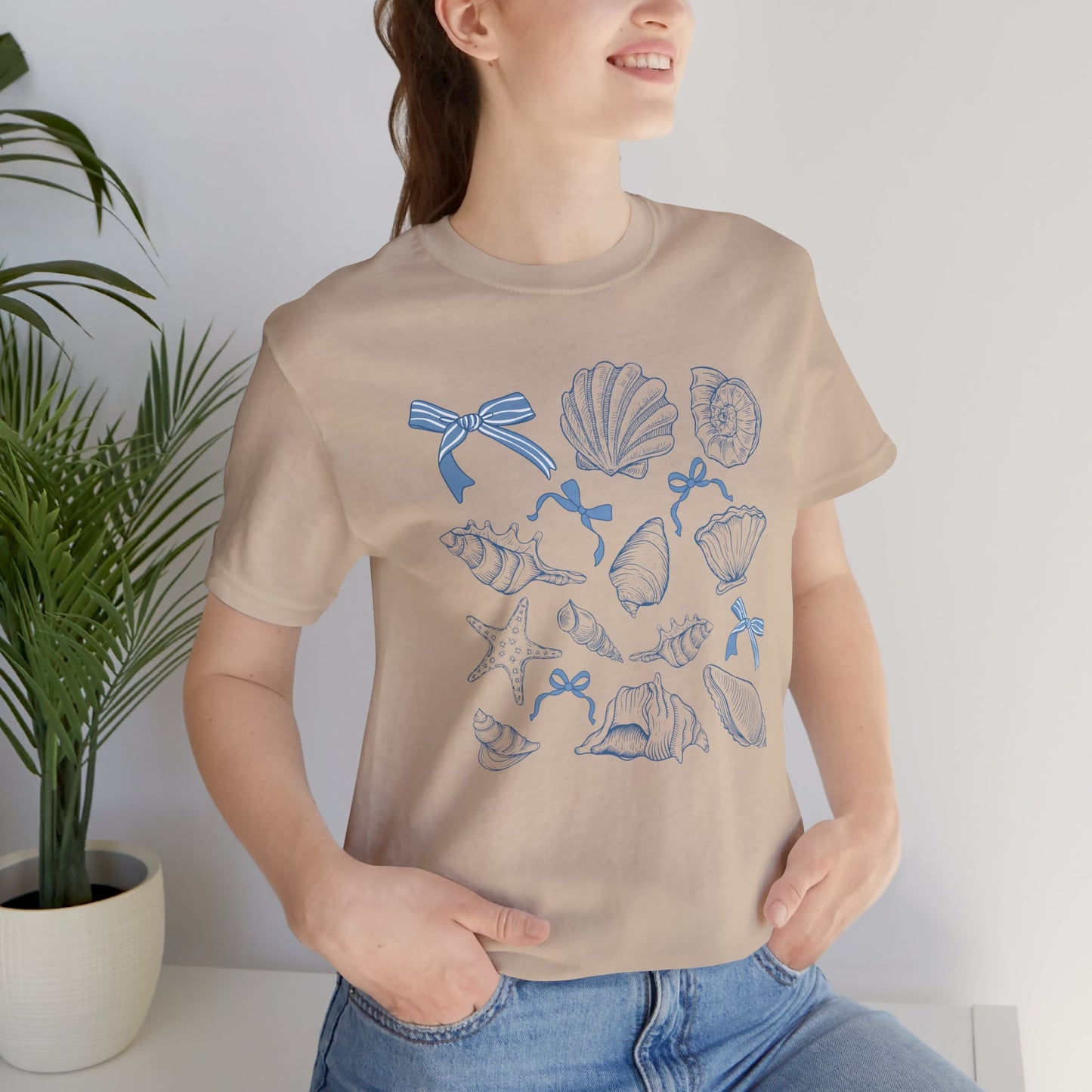 Elegant Seashells with Blue Bows T-Shirt - Coastal Style Graphic Tee for Women - Unique Nautical Fashion