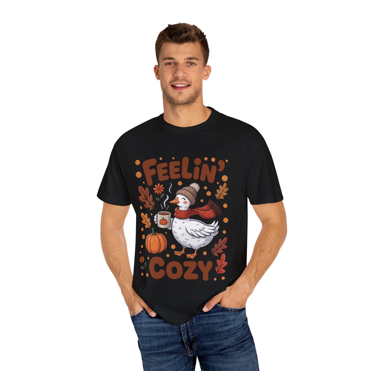 Feelin' Cozy Comfort Colors T-shirt - Autumn Duck with Pumpkin Spice Latte Graphic Tee