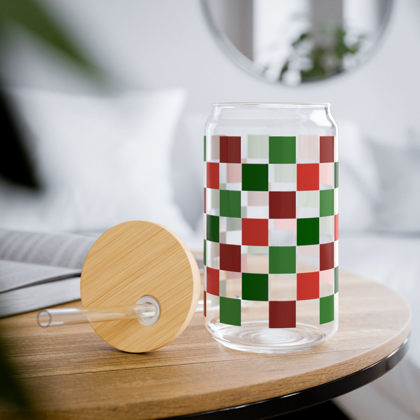Christmas Plaid Libbey Glass Can Cup 16oz – Red Green Black Holiday Tumbler with Lid & Straw, Cozy Iced Coffee Gift Idea