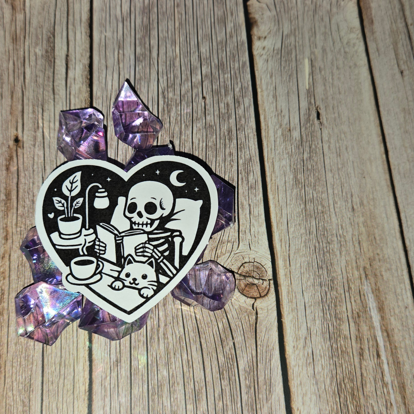 Cozy Skeleton Reading Sticker - Spooky Book Lover & Cat Friend Decal - Gothic Comfort Scene