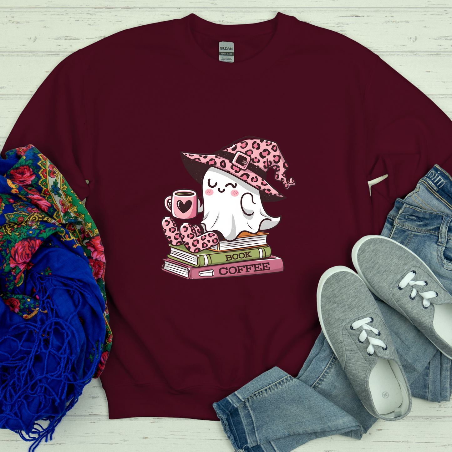 Spooky Ghost Reading Sweatshirt, Cute Halloween Coffee Jumper, Book Lover Halloween Sweater, Ghost with a Book Sweatshirt, Vintage Halloween