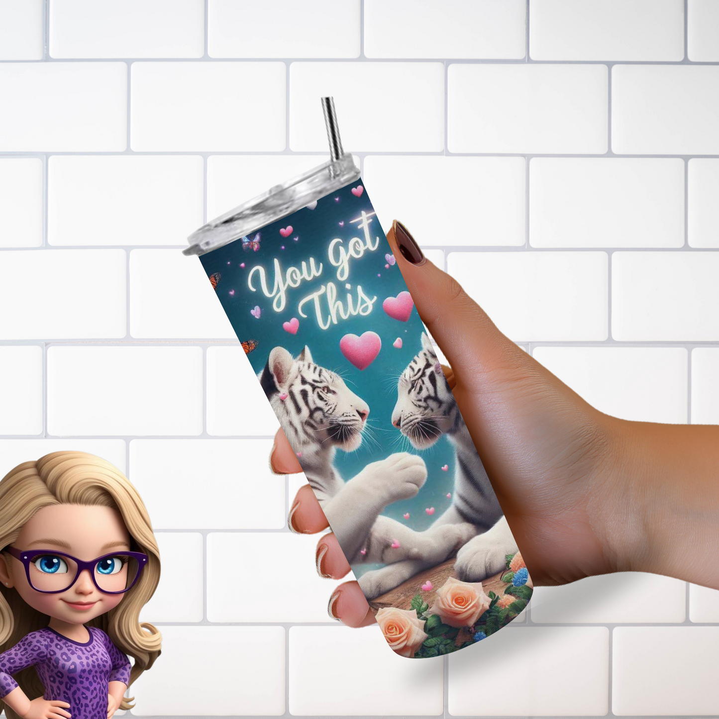 White Tiger Love Tumbler – Insulated 20oz Skinny Cup with Butterflies & Flowers for Daily Motivation