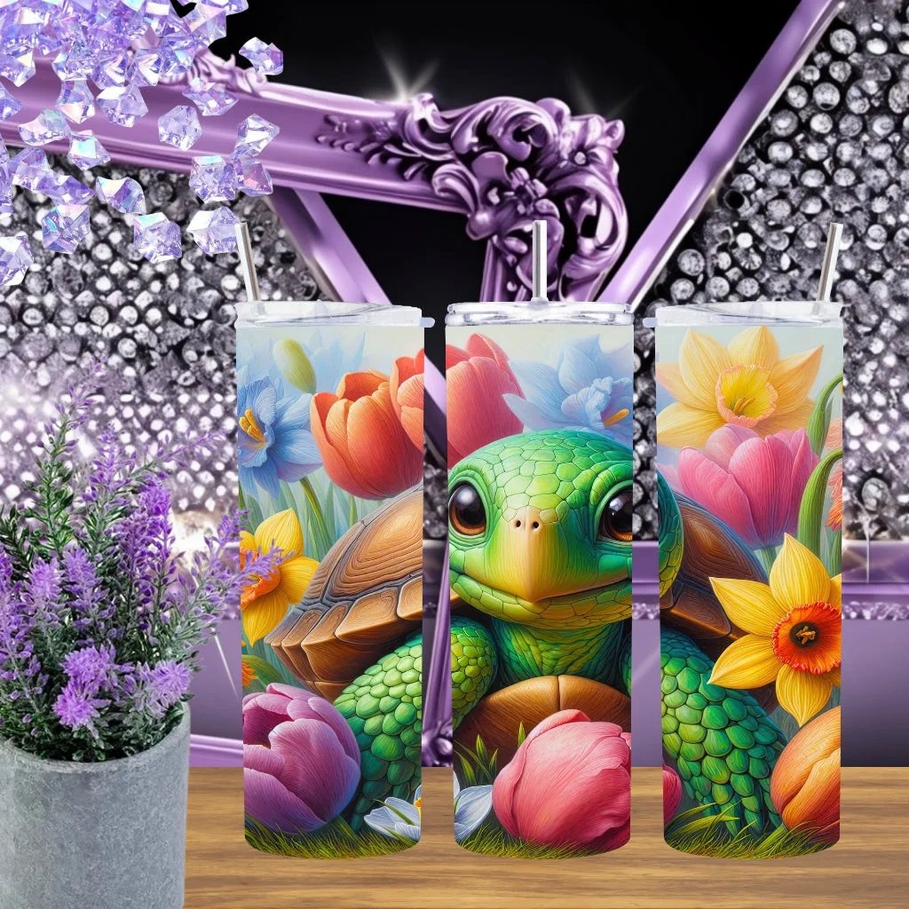 Baby Turtle 20oz Tumbler Spring Garden Stainless Steel Cup Colorful Floral Gift Handmade Turtle Aesthetic Drinkware by Marie Gems