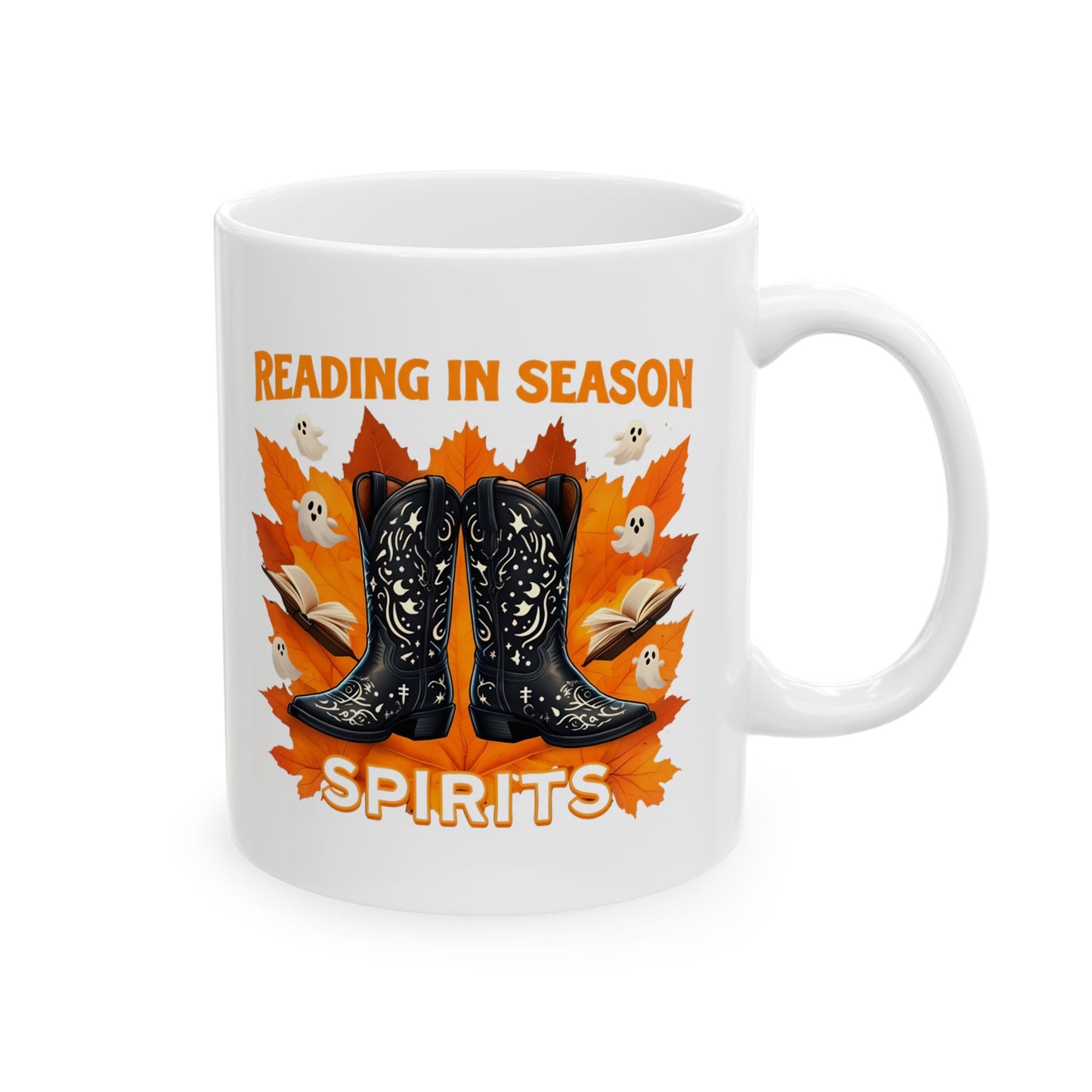 Western Book Lover Mug, Halloween Reading Mug, Cowboy Boots Fall Mug, Spooky Season Coffee Cup, Cozy Bookworm Mug, Literary Drinkware