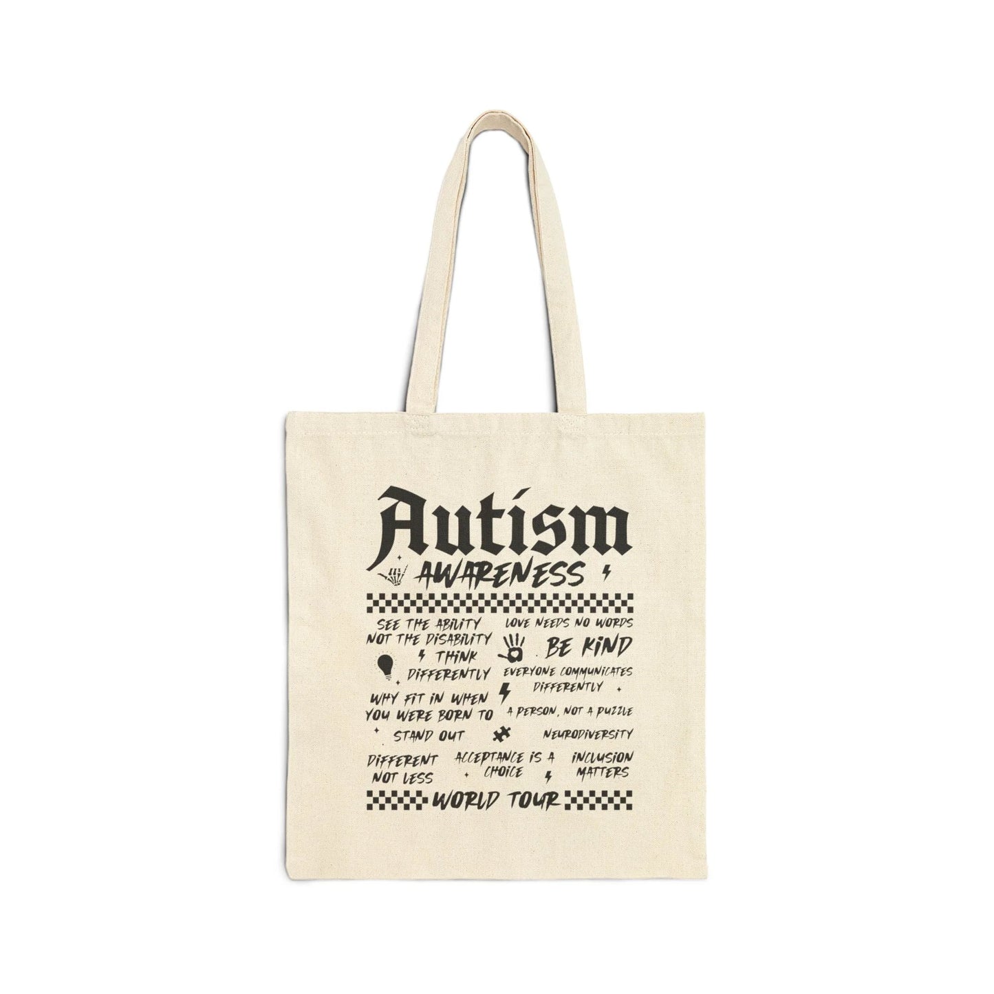 Autism World Tour Tote, Edgy Neurodiversity Bag, Different Not Less Graphic Tote, Trendy Rock Style Autism Bag, Acceptance is a Choice Bag by Printify
