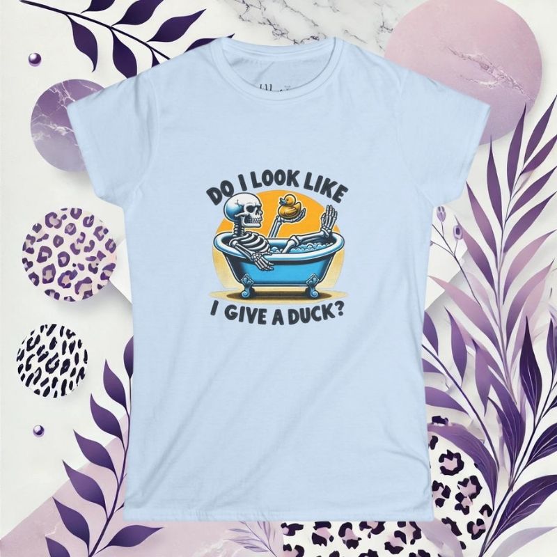 Graphic Tee Shirt Funny Duck Skeleton in Blue Bath Tub Design Women's Softstyle Tee