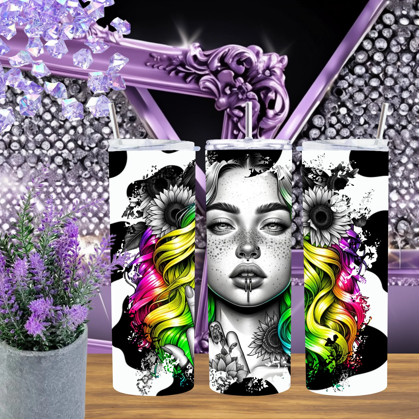 Rainbow Hair Girl 20oz Tumbler Cow Print Drinkware Urban Chic 30oz Stainless Cup Colorful Portrait Mug Edgy Gift by Marie Gems
