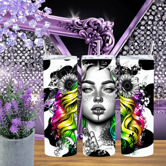 Rainbow Hair Girl 20oz Tumbler Cow Print Drinkware Urban Chic 30oz Stainless Cup Colorful Portrait Mug Edgy Gift by Marie Gems