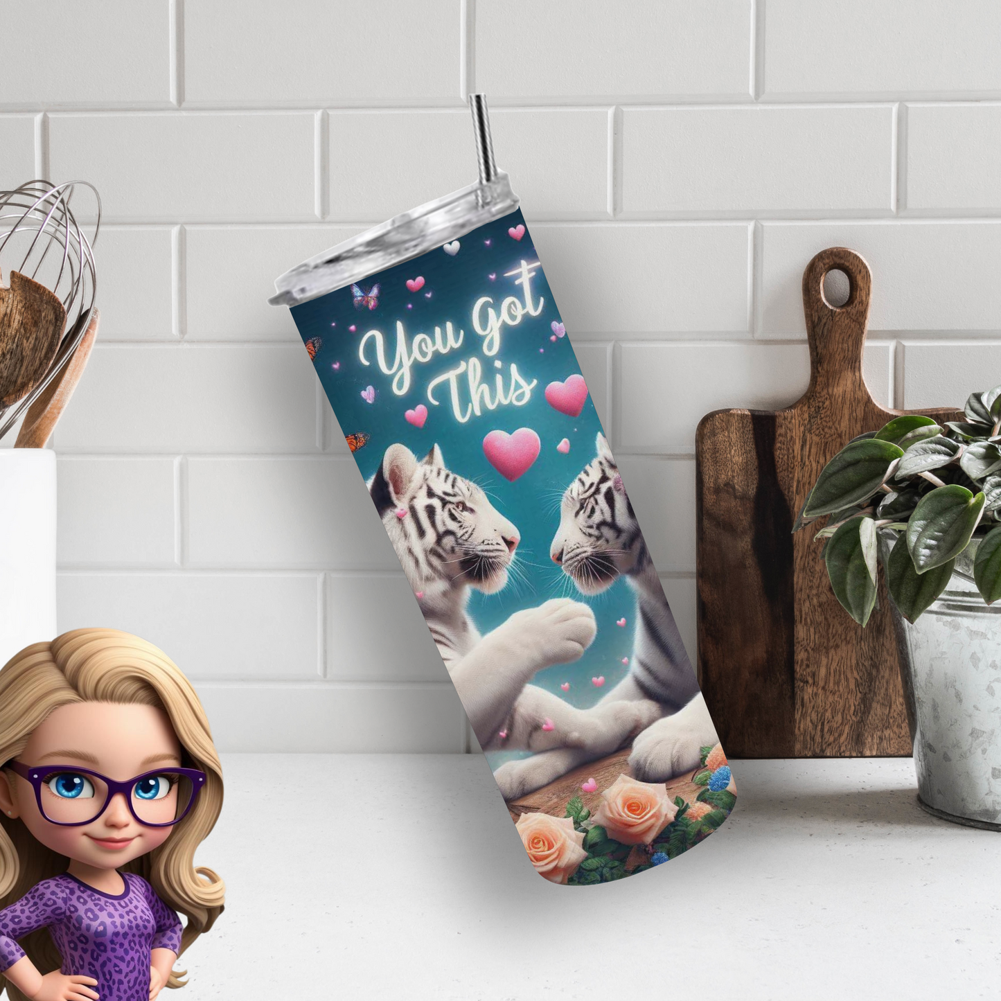 White Tiger Love Tumbler – Insulated 20oz Skinny Cup with Butterflies & Flowers for Daily Motivation