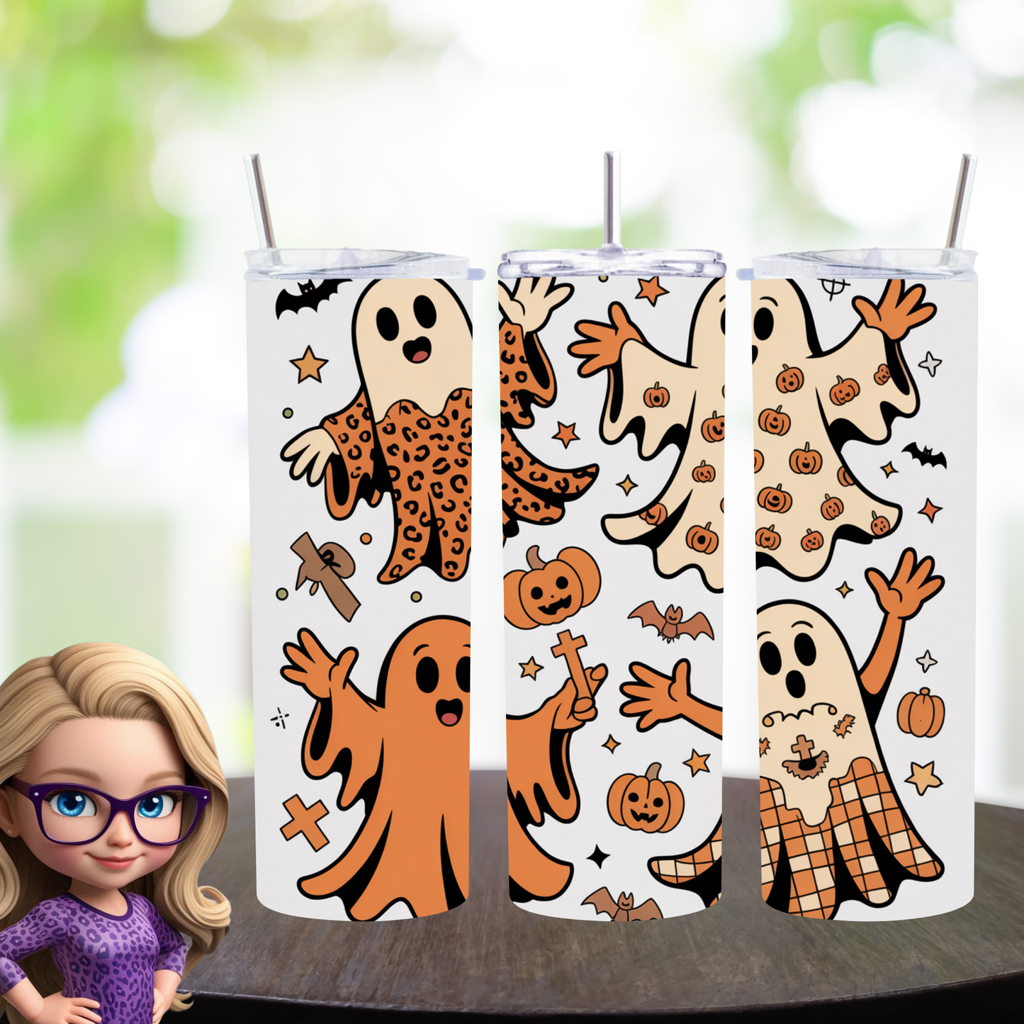 Retro Halloween Ghosts 20oz Skinny Tumbler, Spooky Season Drinkware, Cute Pumpkin Ghost Physical Tumbler, Made to Order Gift