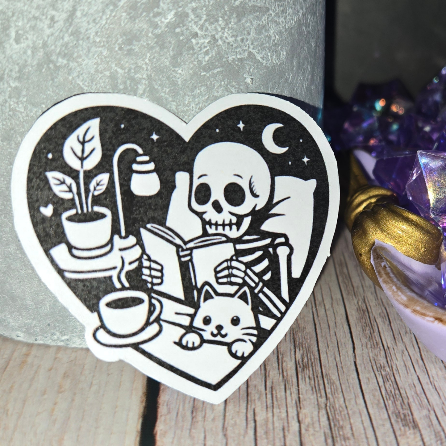 Cozy Skeleton Reading Sticker - Spooky Book Lover & Cat Friend Decal - Gothic Comfort Scene