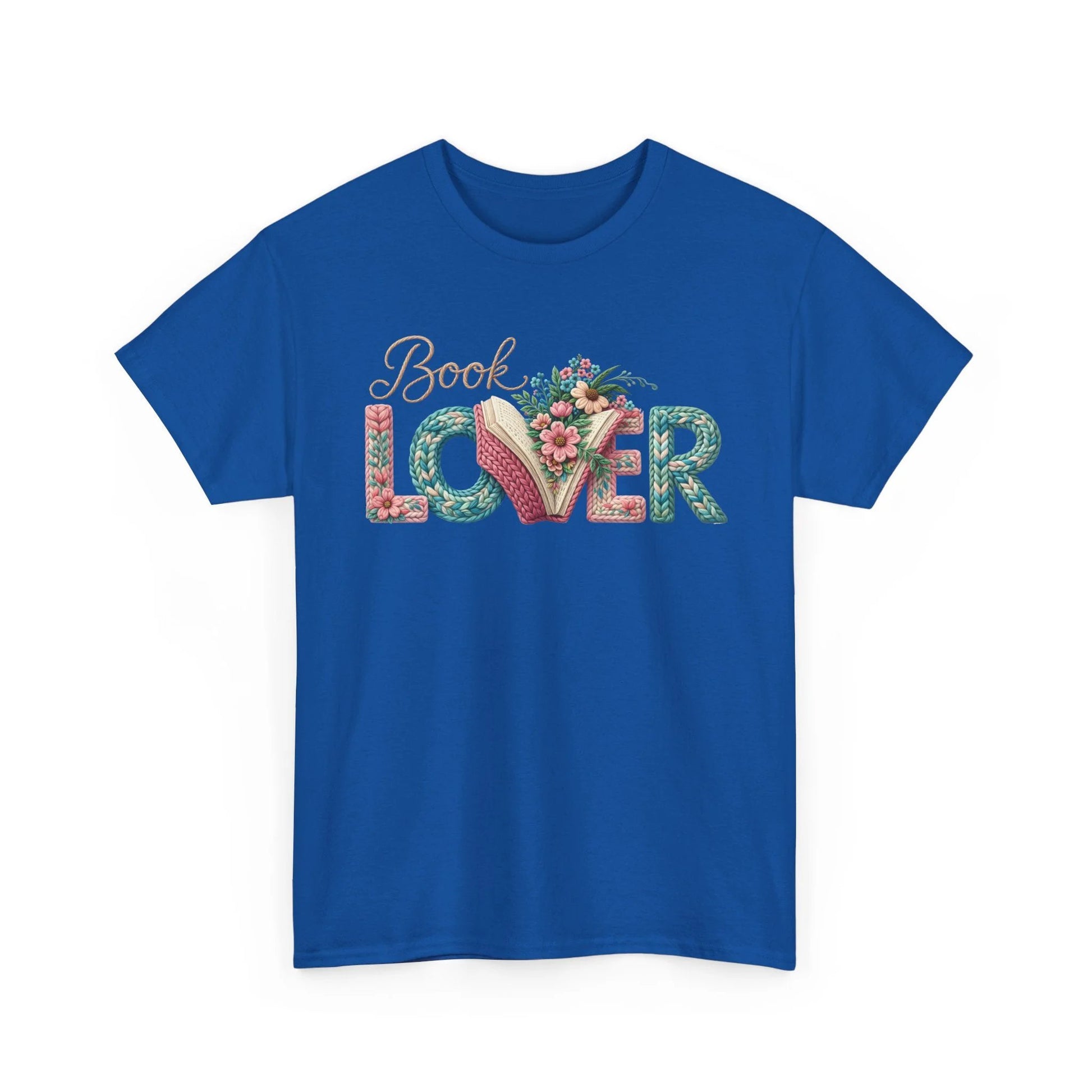 Blue t-shirt with floral 'Book Lover' typography and an open-book motif.