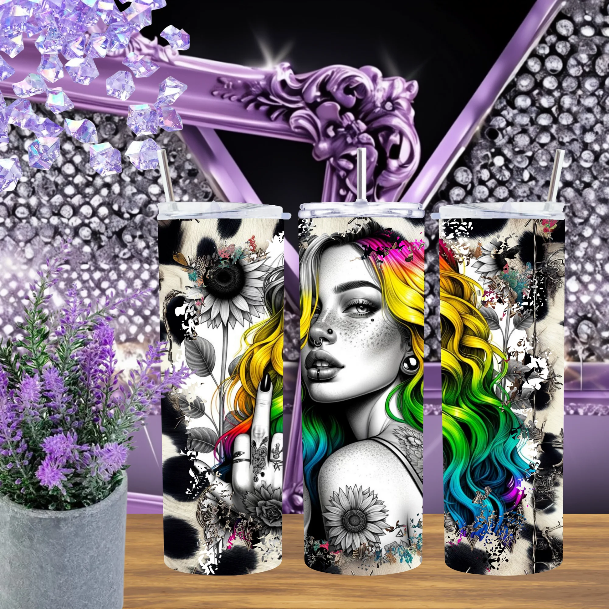 Rainbow Hair 20oz Tumbler, Leopard Print 30oz Cup, Edgy Tattoo Girl Drinkware, Colorful Gift for Her, Alternative Aesthetic Mug, Sunflower Cup by Marie Gems