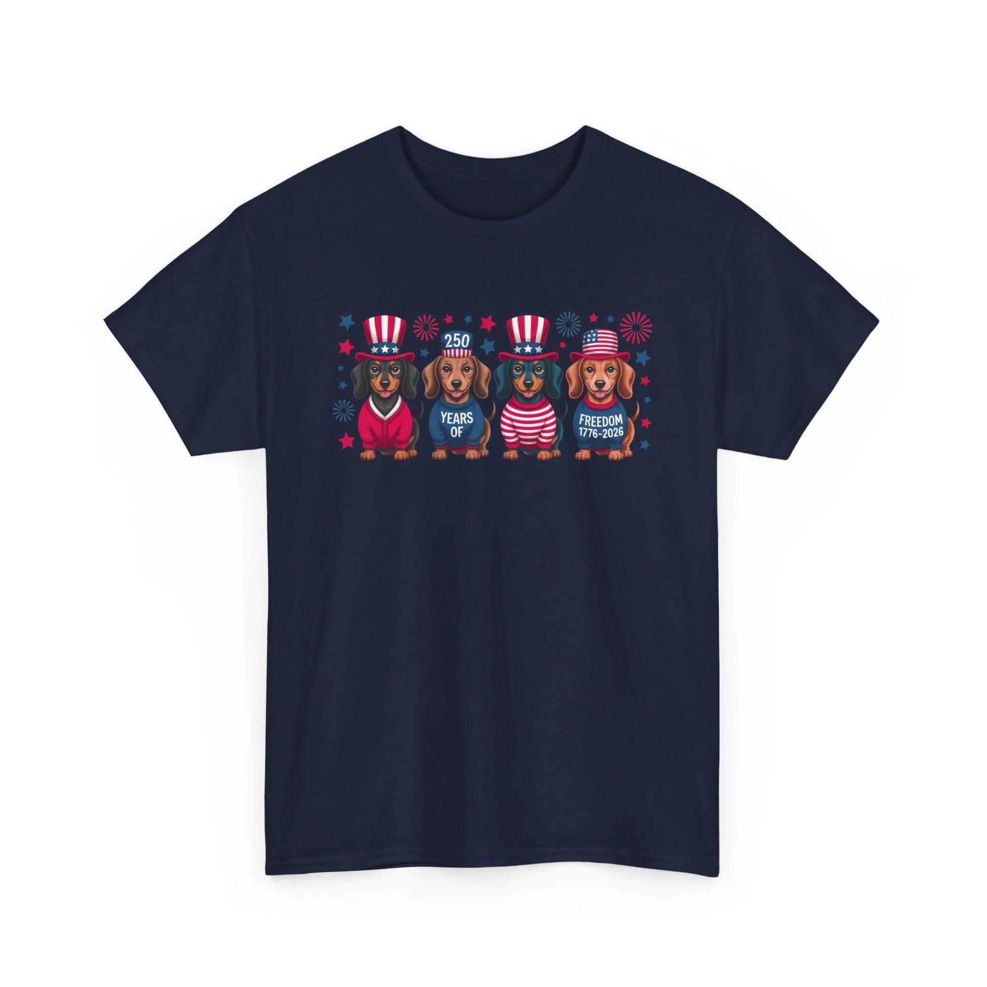 Patriotic Dachshunds Tee - Cute 4th of July Dogs in USA Hats Shirt by Printify