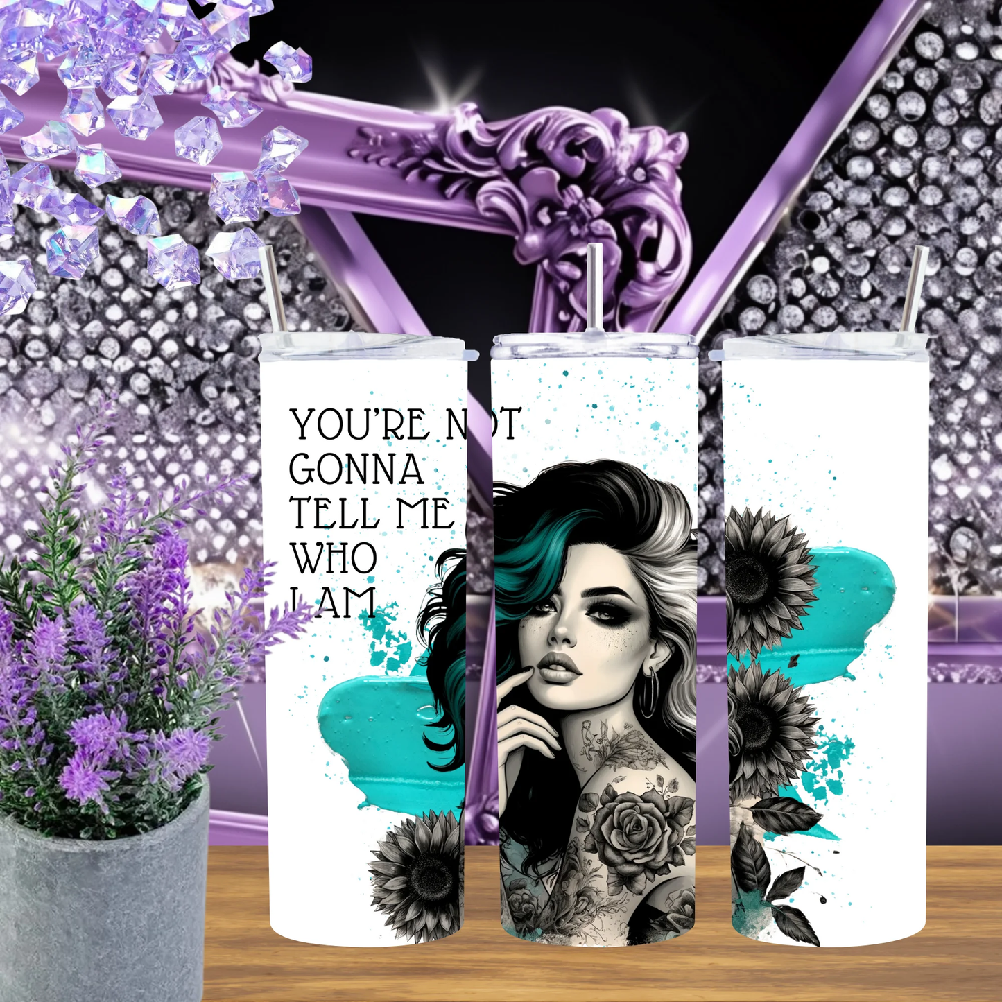 Unapologetic Woman 20oz Tumbler, Teal Sunflower 30oz Cup, Quote Drinkware for Her, Empowerment Gift, Modern Tattoo Art Tumbler, Bold Girl Mug by Marie Gems