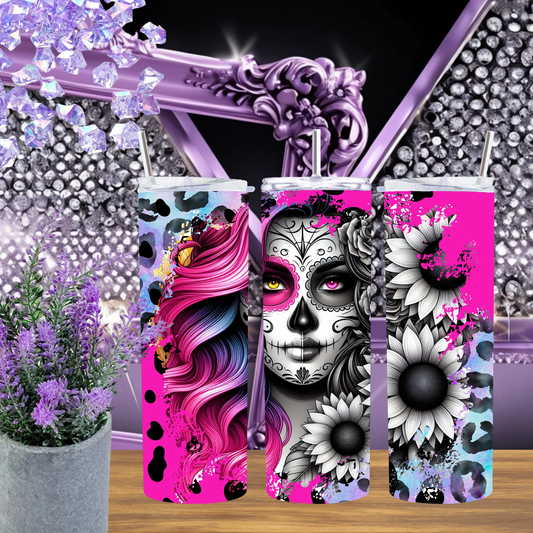 Pink Leopard Sugar Skull 20oz Tumbler And Day Of The Dead 30oz Cup Tattoo Art Drinkware Bold Portrait Mug Gift For Her by Marie Gems