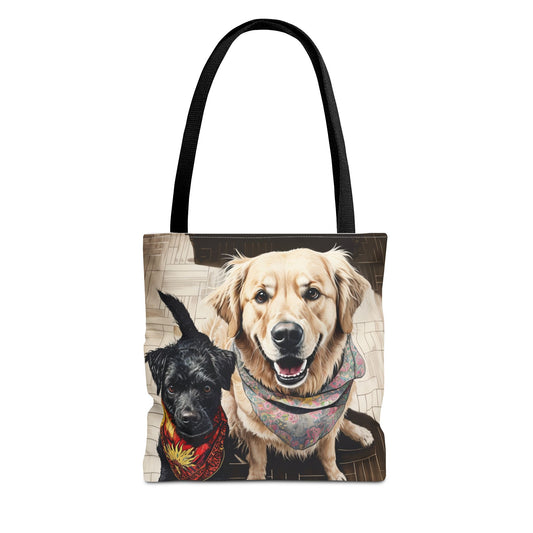 Adorable Dog Duo Tote Bag featuring a golden retriever and black dog wearing bandanas with black straps.