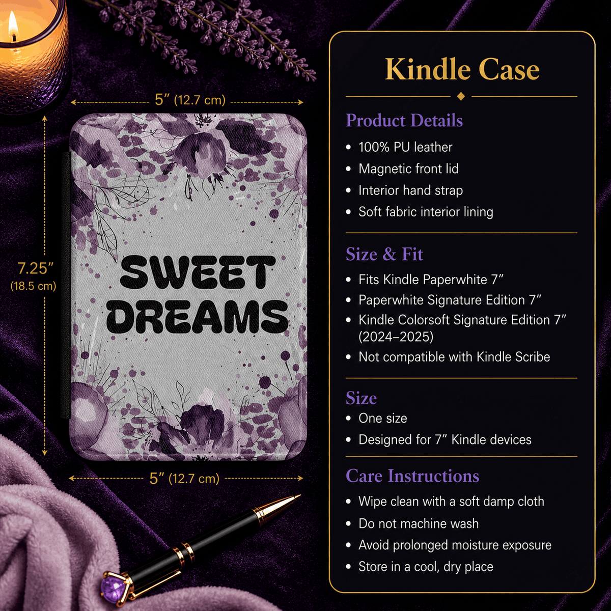 Sweet Dreams Handmade 7-Inch Kindle Paperwhite Case showing sweet dreams kindle case artwork with purple floral kindle cover, sweet dreams kindle case, personalized kindle case