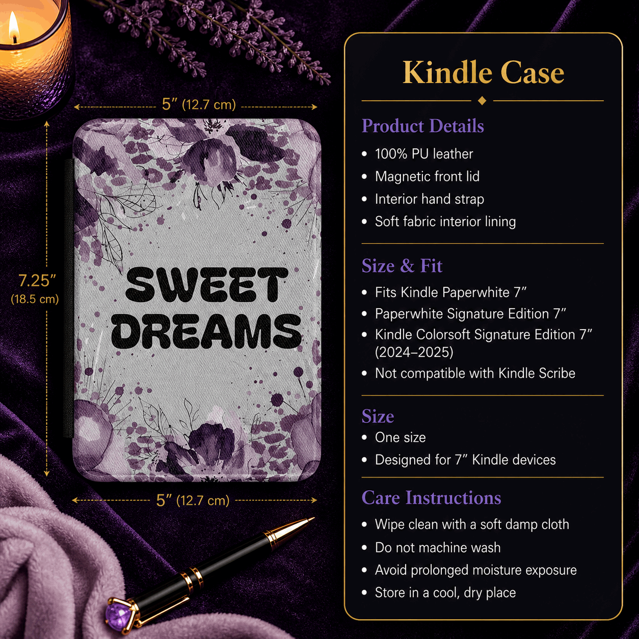 Sweet Dreams Kindle Case | Purple Floral Reader Cover