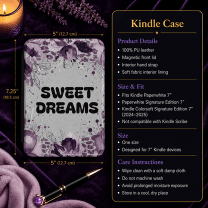Sweet Dreams Handmade 7-Inch Kindle Paperwhite Case showing sweet dreams kindle case artwork with purple floral kindle cover, sweet dreams kindle case, personalized kindle case