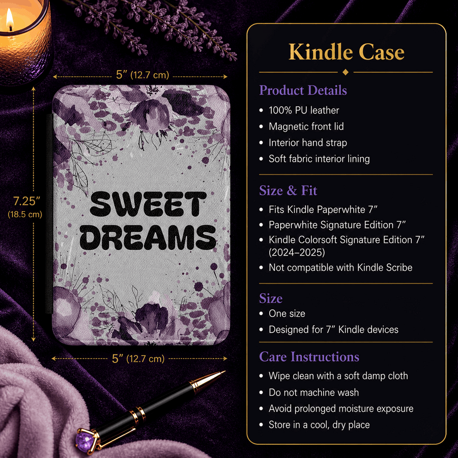 Sweet Dreams Handmade 7-Inch Kindle Paperwhite Case showing sweet dreams kindle case artwork with purple floral kindle cover, sweet dreams kindle case, personalized kindle case
