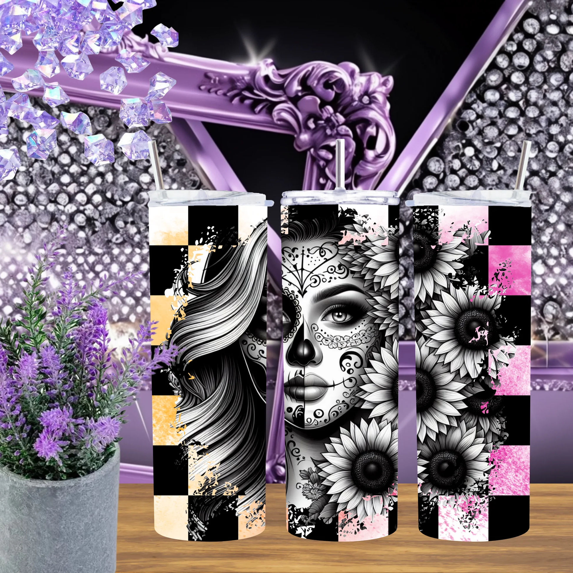 Checkerboard Sugar Skull 20oz Tumbler Black And White Tattoo Art Drinkware With Pink Glitter Accent Gift by Marie Gems