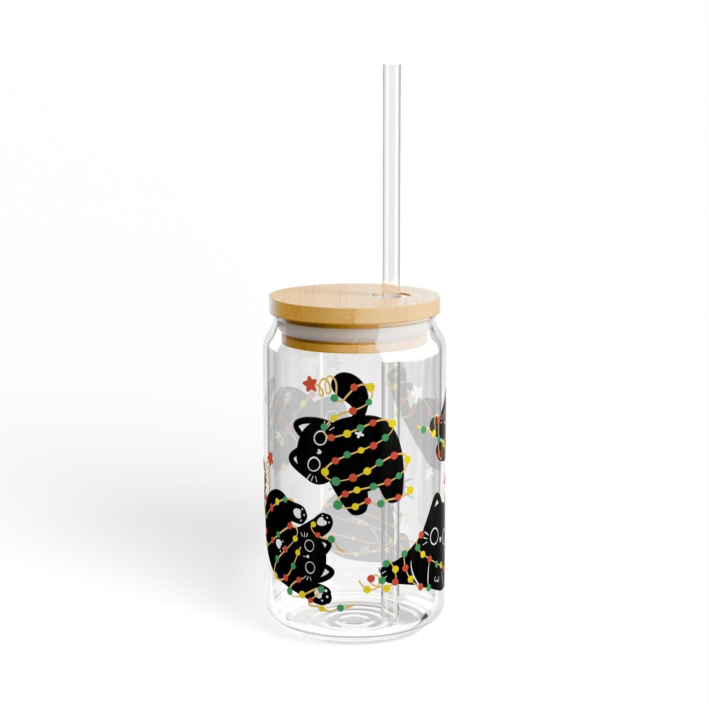 Tangled Christmas Cat Libbey Glass Can Cup 16oz – Funny Holiday Cat Tumbler with Lid & Straw, Cute Gift for Cat Lovers