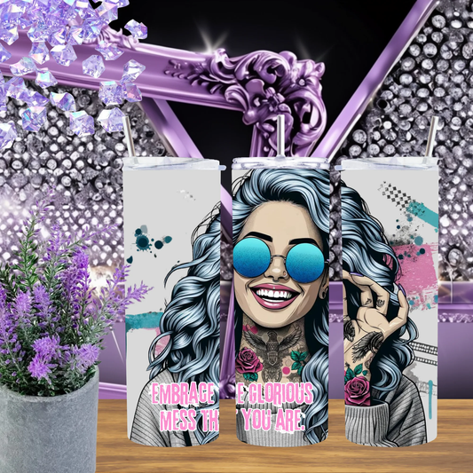 Glorious Mess 20oz Tumbler And 30oz Cup Teal Sunglasses Girl Drinkware With Positive Quote Gift For Her by Marie Gems