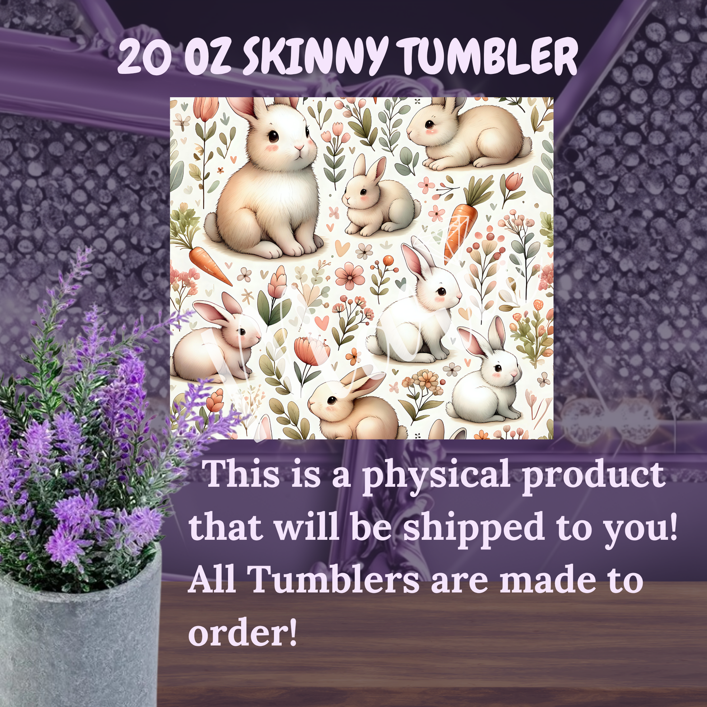 Bunny Tumbler 20 oz – Cute Spring Rabbit Skinny Tumbler with Floral Carrot Design, Insulated Cup with Straw, Easter Gift for Her