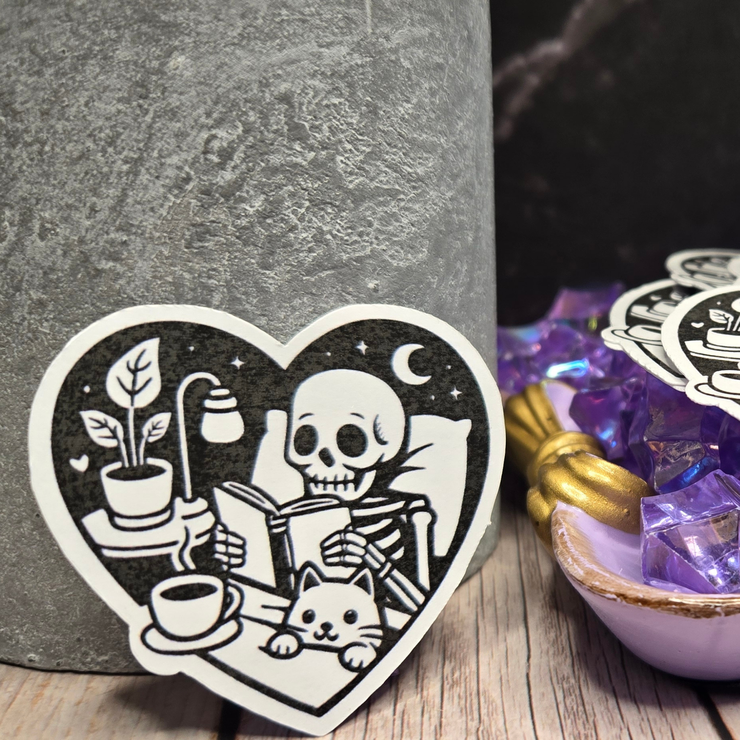Cozy Skeleton Reading Sticker - Spooky Book Lover & Cat Friend Decal - Gothic Comfort Scene