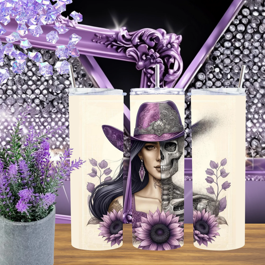 Gothic Cowgirl 20oz Tumbler Split Face Skull Purple Sunflower Western Edgy Gift For Her Tattooed Goddess Mug by Marie Gems